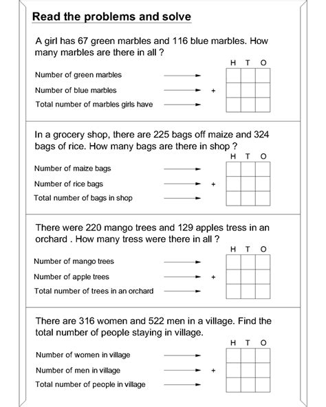 Math Worksheet for Addition Word Problems