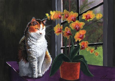 High quality singapore gifts and merchandise. Calico Cat With Orchids Painting by Long Studios