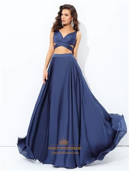 Navy Blue Side Cutout Two Piece Long Prom Dress With Illusion Bodice