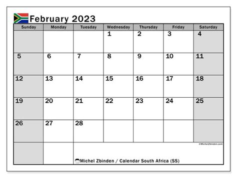 February 2023 Printable Calendar “south Africa Ss” Michel Zbinden Za