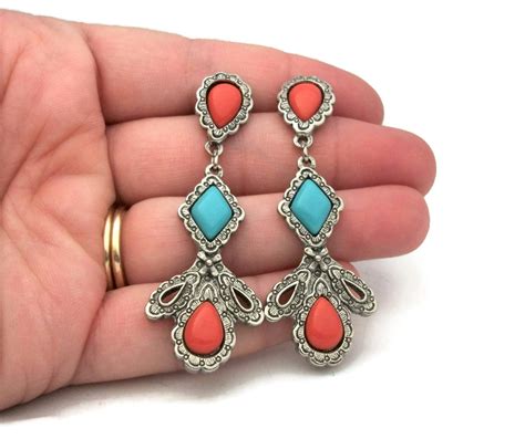Vintage Silver Dangle Earrings With Faux Turquoise Carnelian Stones