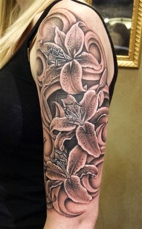 True 3d Half Sleeve Lilies Tattoo Design For Girls