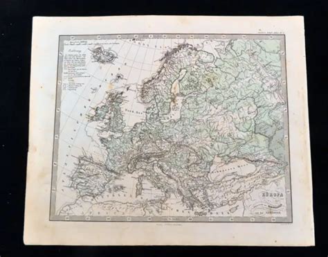 1876 Antique Map Of Europe Physical Hand Coloured Engraving Gotha