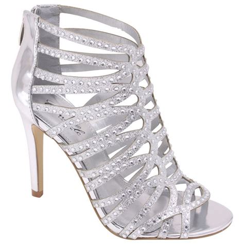 Silver High Heel Strappy Sandal Rhinestone Bridal Prom Wedding Formal