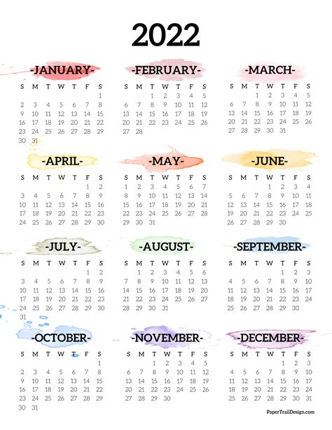 2022 Calendar Printable Watercolor Paper Trail Design
