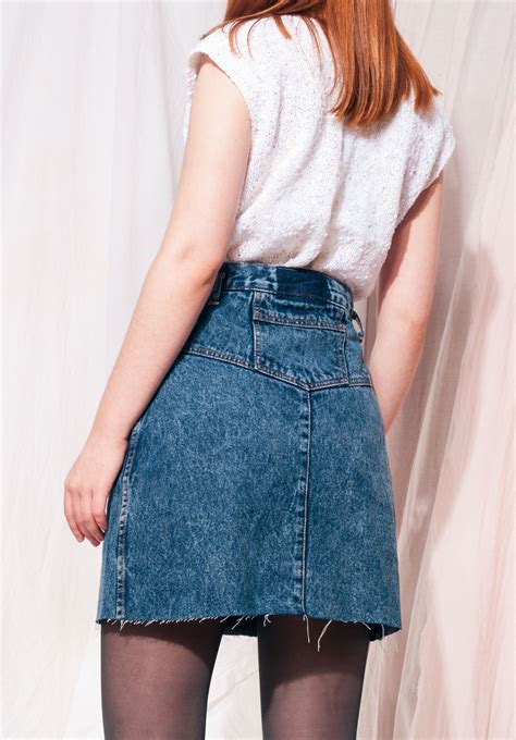 Vintage Denim Skirt 80s Cropped Acid Wash High Waist Mini Pop Sick