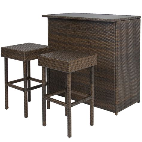 3PC Wicker Bar Set Patio Outdoor Backyard Table & 2 Stools Rattan