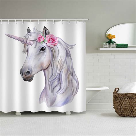 Unicorn Fabric Shower Curtain Oyster White Pegasus Freehand Sketching Machine Washable Digital