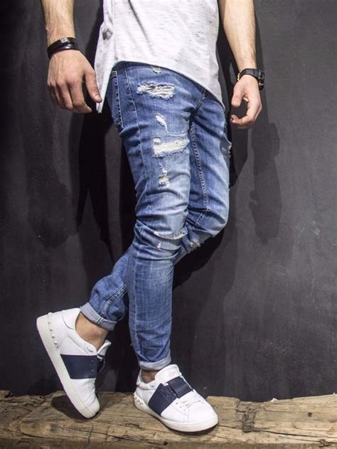 Men Slim Fit Ala Ripped Destroyed Jeans - Light Blue ...