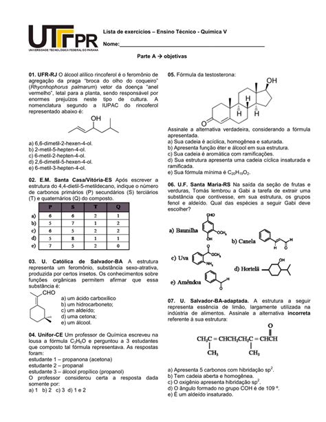 Lista de exercícios Química V UTFPR Prof
