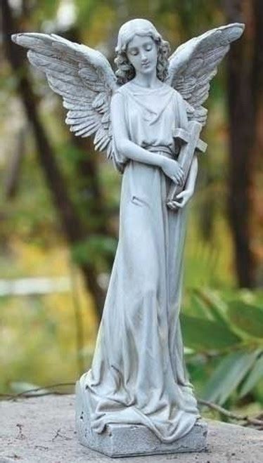 Angel Garden Statue Holding Cross Carved Stone Look 14 34
