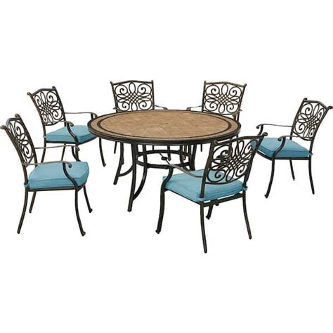 Hanover Monaco 7 Piece Aluminum Outdoor Dining Set With Blue Cushions