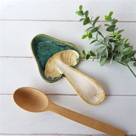 Ceramic Green Mushroom Spoon Rest Handmade Pottery Utensil Etsy