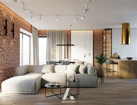 Salon z jadalnia w stylu loft z cegłą na ścianie - Salon - Aboutdecor