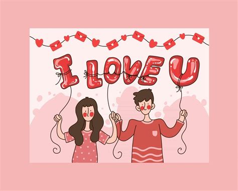 Valentines Day Card Couple Hodign I Love You Balloon Blooming In