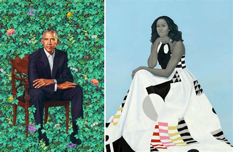 The painting shows america's first black president seated in a serious pose at the edge of a wooden chair surrounded by thick foliage and flowers. Obama Portraits Blend Paint and Politics, and Fact and Fiction - The New York Times
