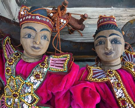 Pair Of Myanmar Burmese Puppets Made Of Wood With Ornate Velvet