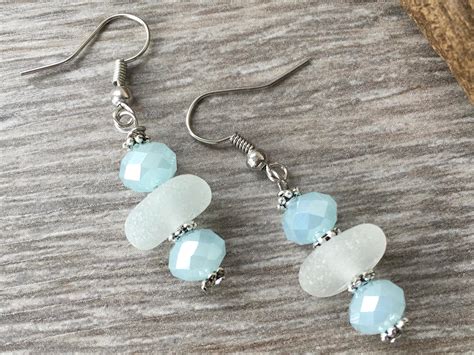 Mermaid Earrings Sea Glass Beach Glass Jewelry Pale Blue Cut Glass Bead Bridesmaid Jewelry