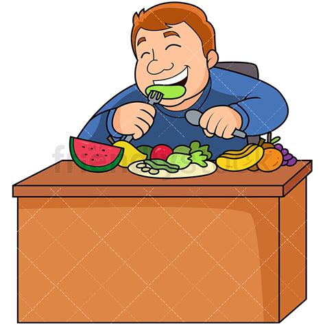 Fat Man Eating Healthy Fruits Veggies Cartoon Vector Clipart