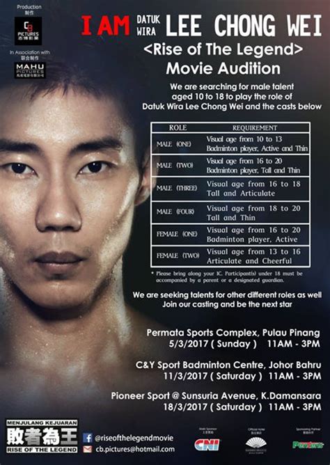 Biopic on malaysia's badminton icon datuk wira lee chong wei, starting with his early years as an aspiring young badminton player from bukit mertajam. You Could Be Playing The Role Of Lee Chong Wei In This ...