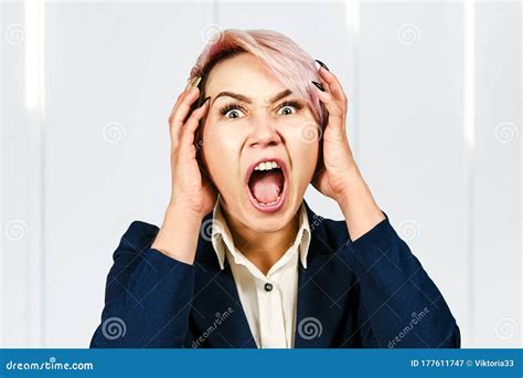 Young Woman Business Office Worker With A Cry Screaming Open Mouth Stock Image Image Of