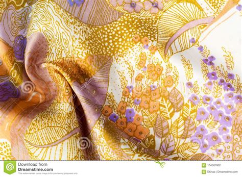 Texture Background Pattern Blue Silk Fabric Yellow Flowers Stock