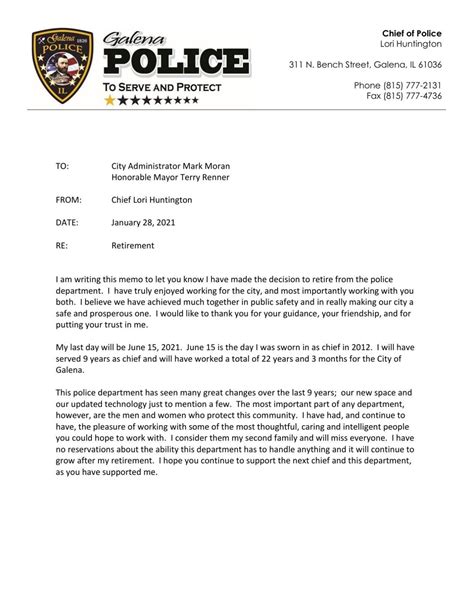 Police Chief Lori Huntingtons Retirement Letter
