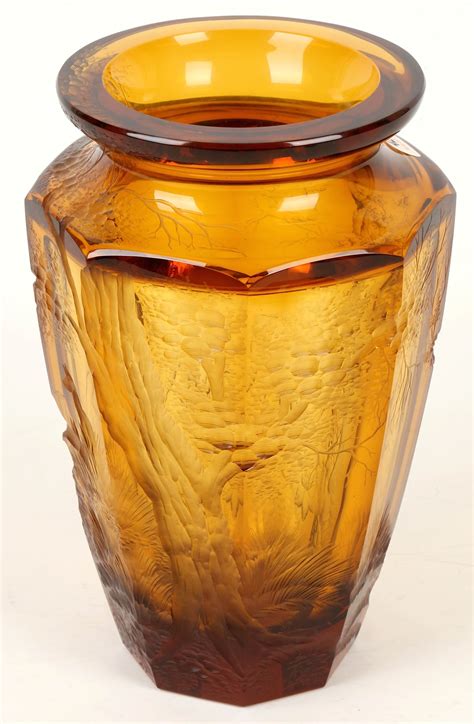 Attributed To Koloman Moser A Bohemian Art Deco Amber Crystal Glass Vase With Deep Engraved For
