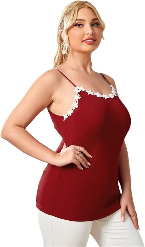 Milumia Womens Plus Size Spaghetti Strap Cami Floral Lace Trim Fitted Camisole Top Burgundy