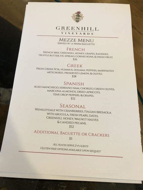 Menu Of Greenhill Winery And Vineyards In Middleburg Va 20117