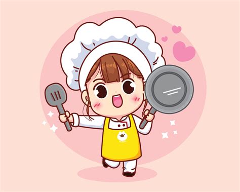 Cute Chef Girl Smiling In Uniform Holding Pan And Spatula Cartoon Art