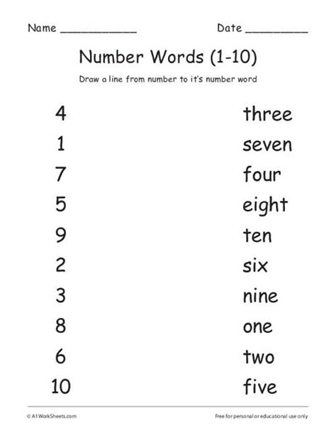 Grade 1 Numbers Words Matching Worksheets 1 10 Number Words Number
