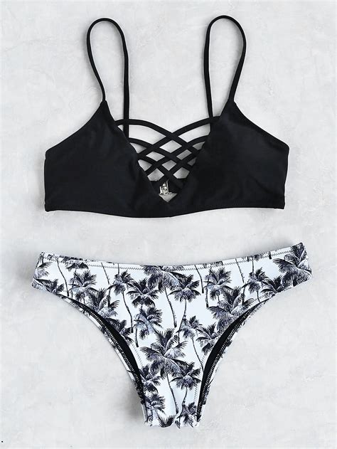 Palm Tree Print Crisscross Bikini Setfor Women Romwe