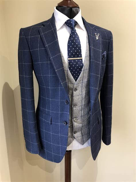 3 piece mens suit material: Bespoke blue window pane jacket | grey tweed waistcoat ...