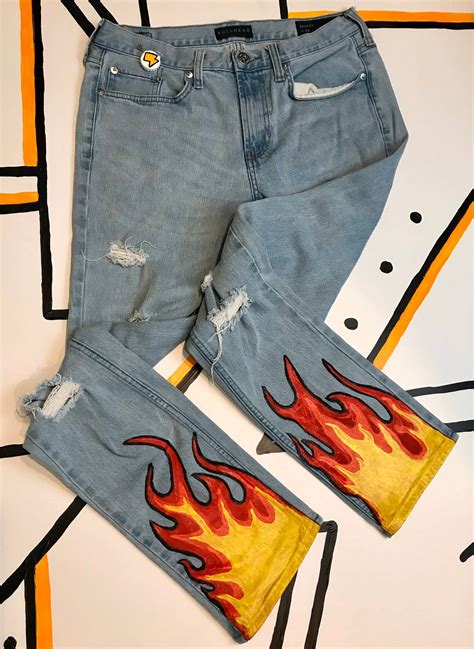 Mens Flame Jeans Handpainted Custom Denim In Custom Jeans Diy