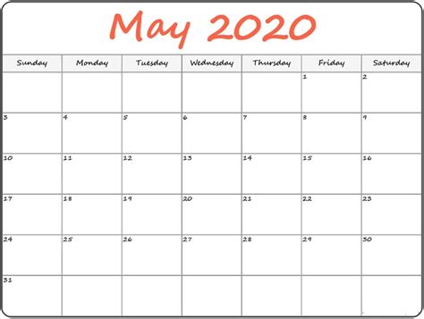 Easy And Simple Way To Print Free Editable May 2020 Calendar Blank