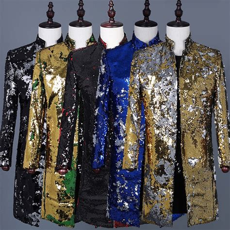 Mens Reversible Two Tone Sequin Longline Jacket Suit Blazer Cabaret