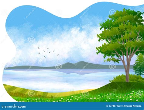 Background With Illustration Of Natural Landscape With Sky With Clouds