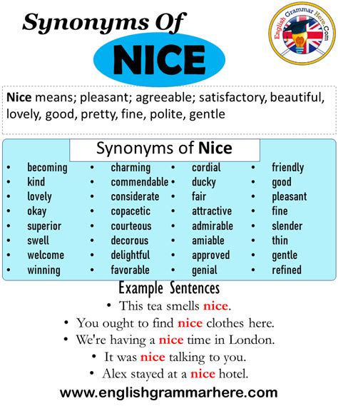 The help is coming round this morning to clean. Synonyms Of Nice, Nice Synonyms Words List, Meaning and ...