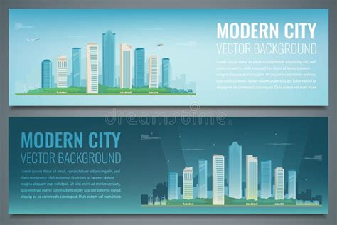 Two City Banners Day And Night Urban Landscape Modern City Vector