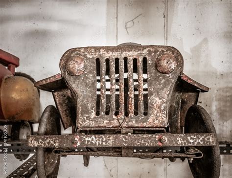 Old metal pedal cars toys for kid, nostalgia for a time which has