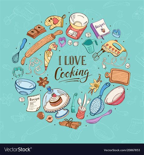 I Love Cooking Poster Baking Tools In Circle Shape Poster With Hand