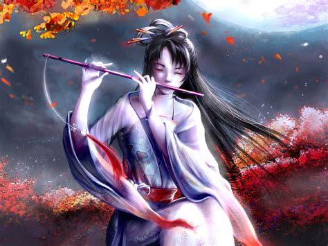 beautiful japanese girl with flute fantasy artwork digital art cg hd quality anime wallpaper