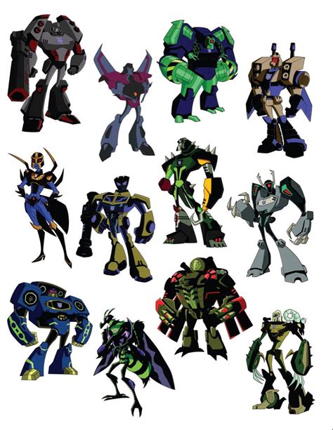 An Assortment Of Robot Toys Are Shown In Various Poses And Colors Including Black Yellow