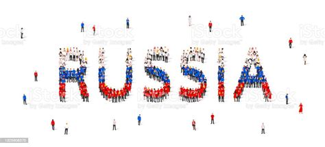 A Crowd Of People Stands In Blue White And Red Robes Making Up The Word Russia Russian Flag Made