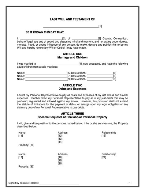 Printable Last Will And Testament Forms Connecticut Printable Forms