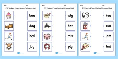 cvc word  picture matching mixed worksheets cvc words  pictures
