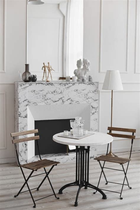 White Living Room Interior Of Retro Table Two Chairs And Marble