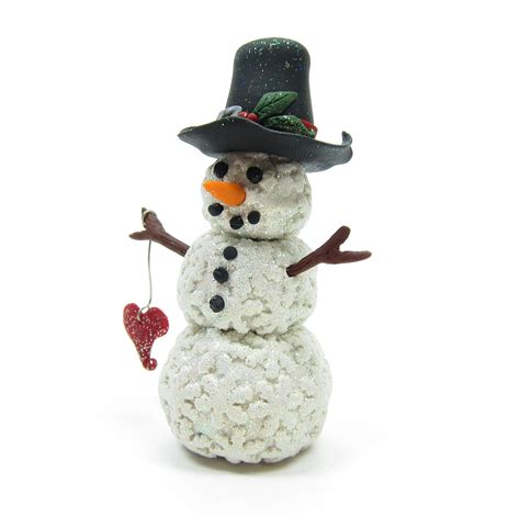 Snowman Miniature Figurine Polymer Clay Sculpture With Snowflakes