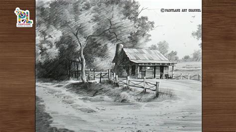How To Draw Wooden House In Country Side Landscape Drawing And Shading